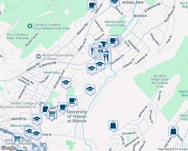map of restaurants, bars, coffee shops, grocery stores, and more near 2655 Woodlawn Drive in Honolulu