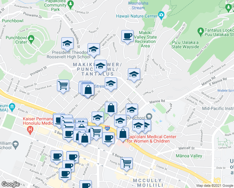 map of restaurants, bars, coffee shops, grocery stores, and more near 1707 Ke’eaumoku Street in Honolulu