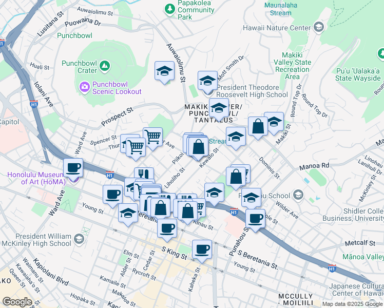 map of restaurants, bars, coffee shops, grocery stores, and more near 1223 Wilder Avenue in Honolulu