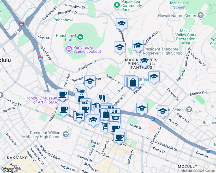 map of restaurants, bars, coffee shops, grocery stores, and more near 1535 Pensacola Street in Honolulu