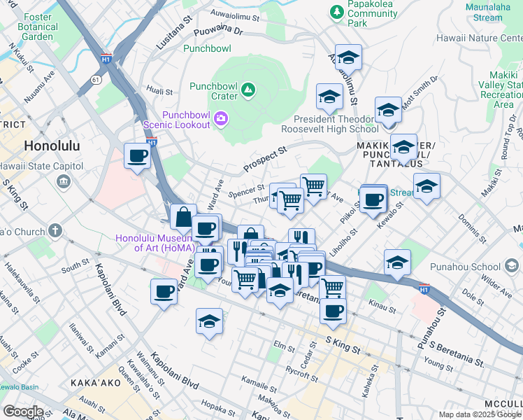 map of restaurants, bars, coffee shops, grocery stores, and more near 1058 Green Street in Honolulu