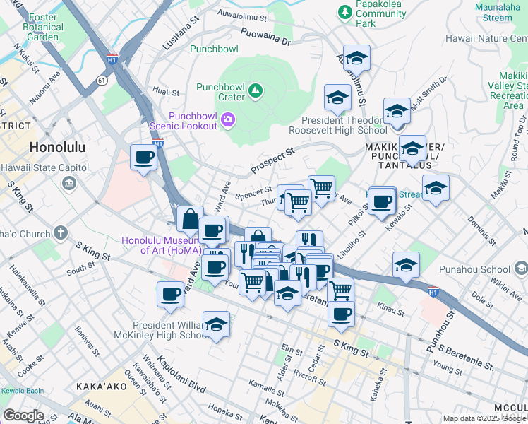 map of restaurants, bars, coffee shops, grocery stores, and more near 1058 Green Street in Honolulu