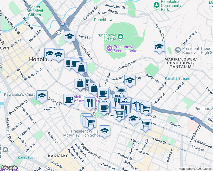 map of restaurants, bars, coffee shops, grocery stores, and more near 914 Lunalilo Street in Honolulu