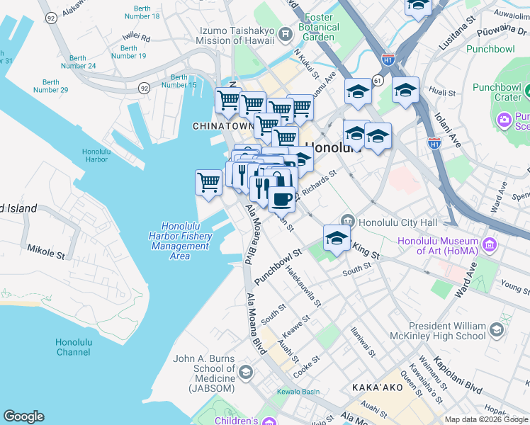 map of restaurants, bars, coffee shops, grocery stores, and more near 201 Ala Moana Boulevard in Honolulu