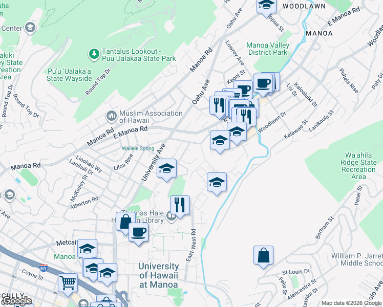 map of restaurants, bars, coffee shops, grocery stores, and more near 2437 Parker Place in Honolulu