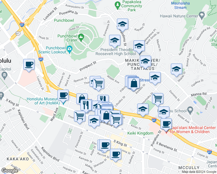 map of restaurants, bars, coffee shops, grocery stores, and more near 1535 Pensacola Street in Honolulu