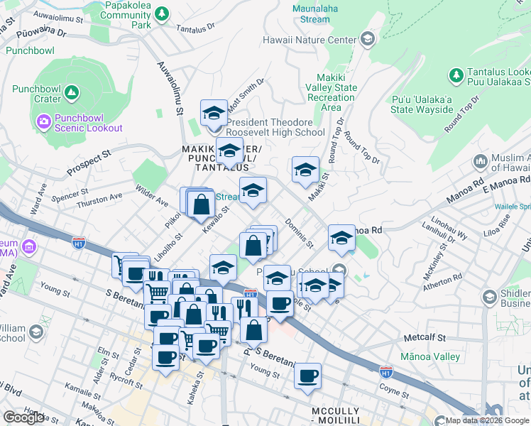 map of restaurants, bars, coffee shops, grocery stores, and more near 1723 Keeaumoku Street in Honolulu