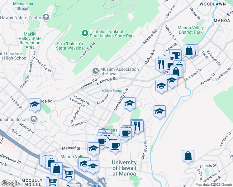 map of restaurants, bars, coffee shops, grocery stores, and more near 2317 Armstrong Street in Honolulu