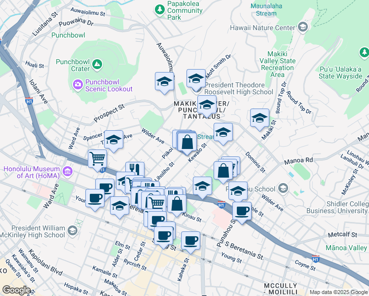 map of restaurants, bars, coffee shops, grocery stores, and more near 1223 Wilder Avenue in Honolulu