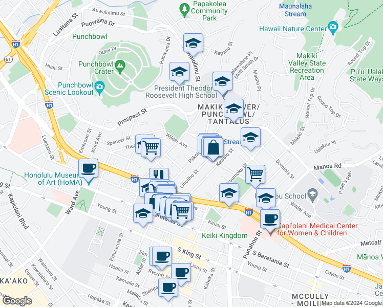 map of restaurants, bars, coffee shops, grocery stores, and more near 1150 Piikoi Place in Honolulu