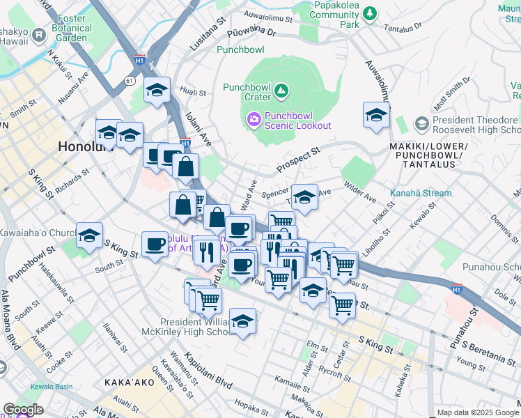 map of restaurants, bars, coffee shops, grocery stores, and more near 914 Lunalilo Street in Honolulu