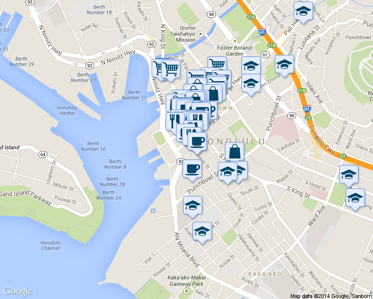 map of restaurants, bars, coffee shops, grocery stores, and more near 333 Merchant Street in Honolulu
