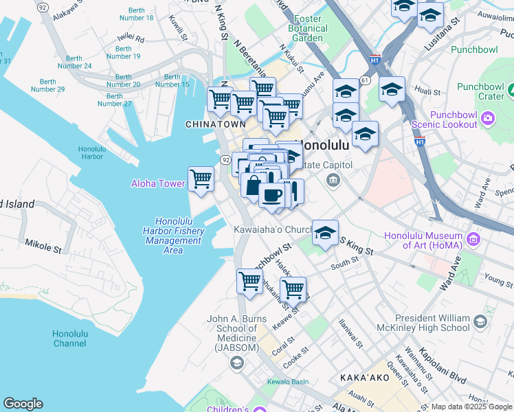 map of restaurants, bars, coffee shops, grocery stores, and more near 333 Merchant Street in Honolulu