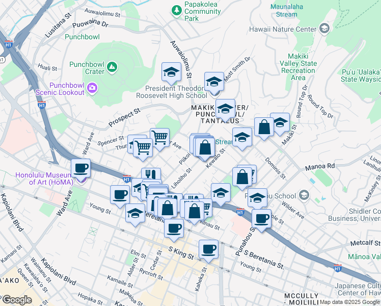 map of restaurants, bars, coffee shops, grocery stores, and more near Piikoi Street & Wilder Avenue in Honolulu