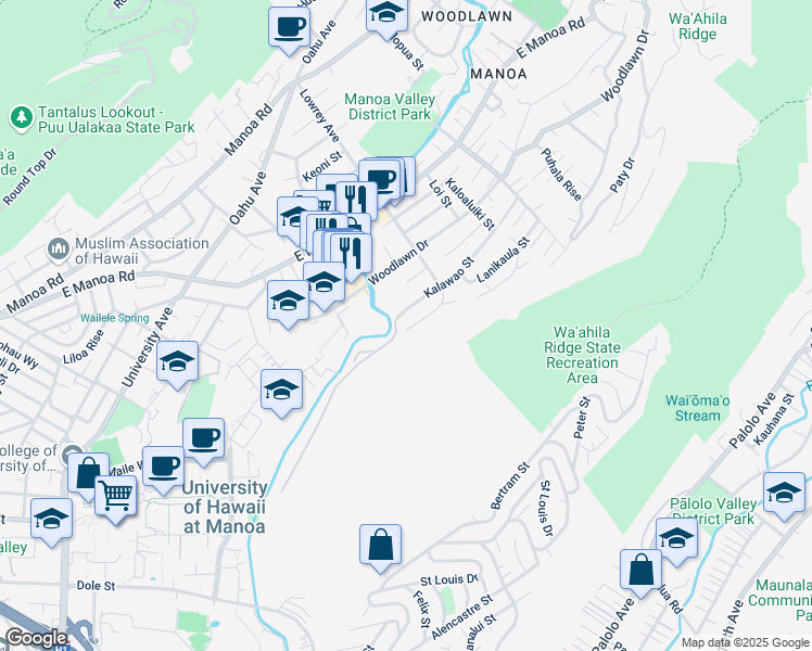 map of restaurants, bars, coffee shops, grocery stores, and more near 2905 Kalawao Place in Honolulu