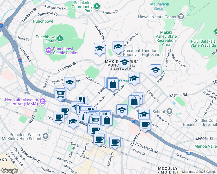 map of restaurants, bars, coffee shops, grocery stores, and more near 1223 Wilder Avenue in Honolulu