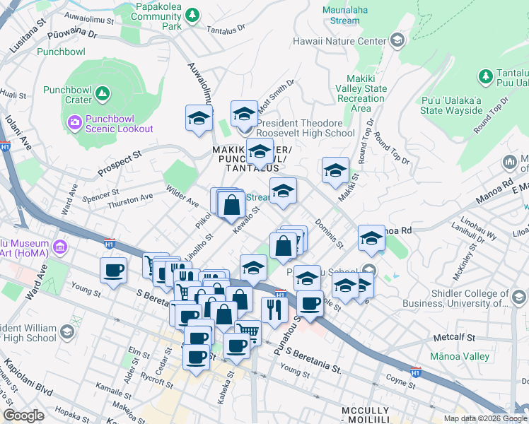 map of restaurants, bars, coffee shops, grocery stores, and more near 1655 Kewalo Street in Honolulu