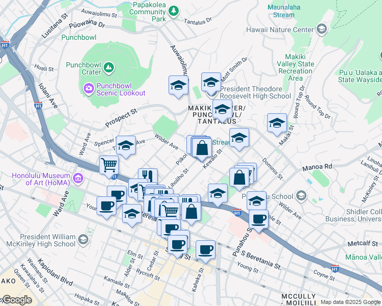 map of restaurants, bars, coffee shops, grocery stores, and more near 1202 Wilder Avenue in Honolulu