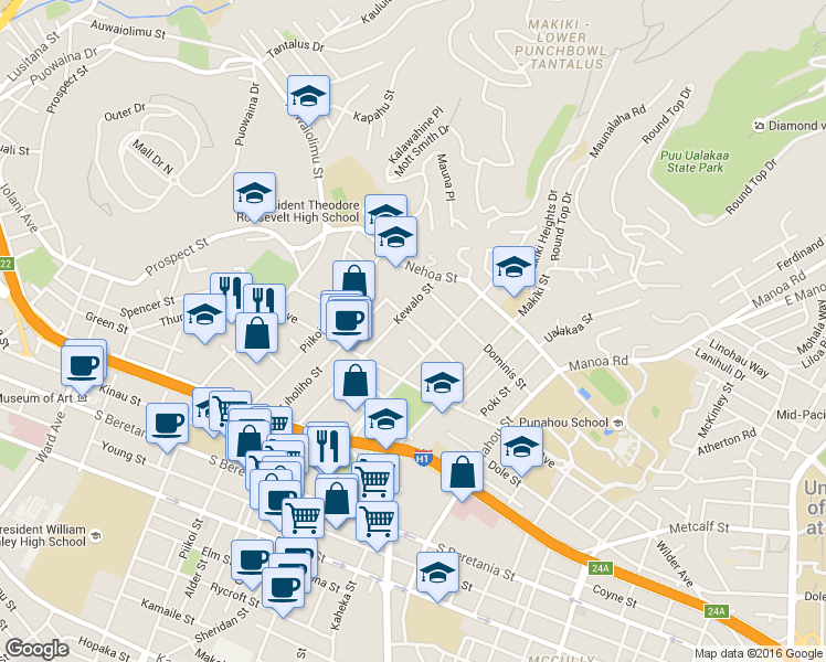 map of restaurants, bars, coffee shops, grocery stores, and more near 1327 Moku Place in Honolulu