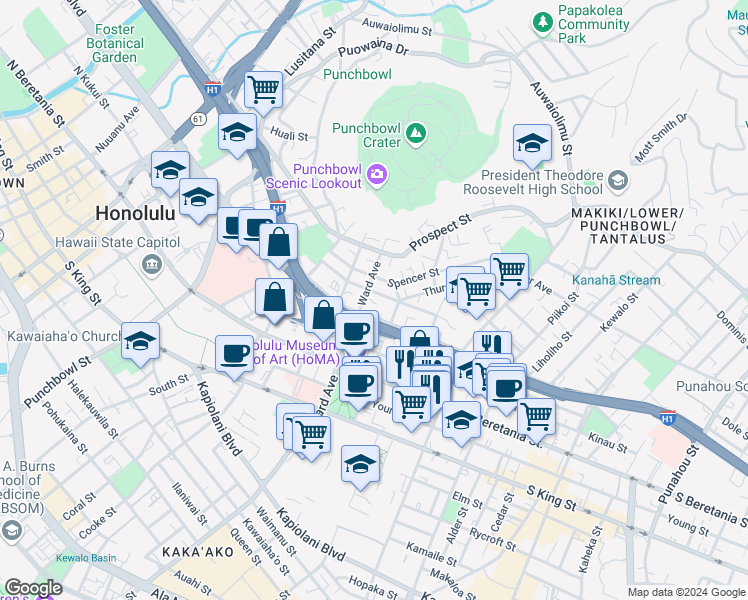 map of restaurants, bars, coffee shops, grocery stores, and more near 914 Lunalilo Street in Honolulu