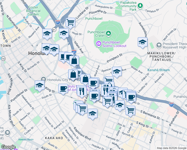 map of restaurants, bars, coffee shops, grocery stores, and more near 914 Lunalilo Street in Honolulu