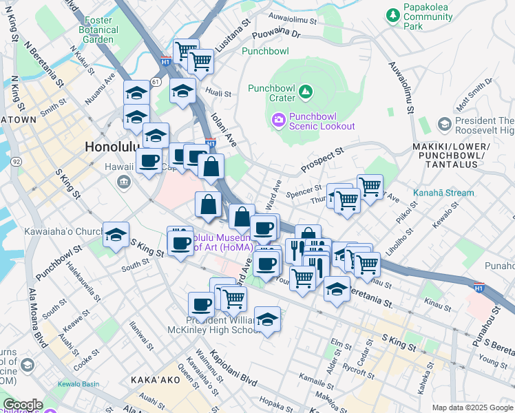 map of restaurants, bars, coffee shops, grocery stores, and more near 775 Kinalau Place in Honolulu