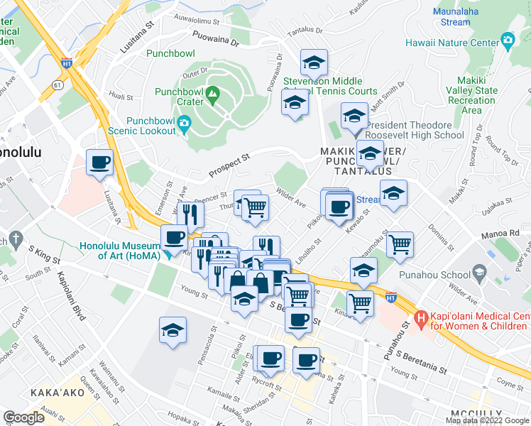 map of restaurants, bars, coffee shops, grocery stores, and more near 1508 Pensacola Street in Honolulu