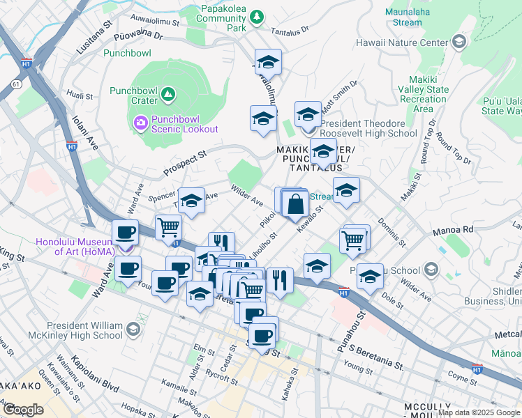 map of restaurants, bars, coffee shops, grocery stores, and more near 1150 Piikoi Place in Honolulu