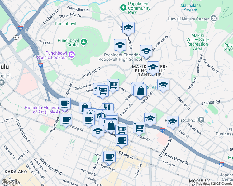 map of restaurants, bars, coffee shops, grocery stores, and more near 1535 Pensacola Street in Honolulu