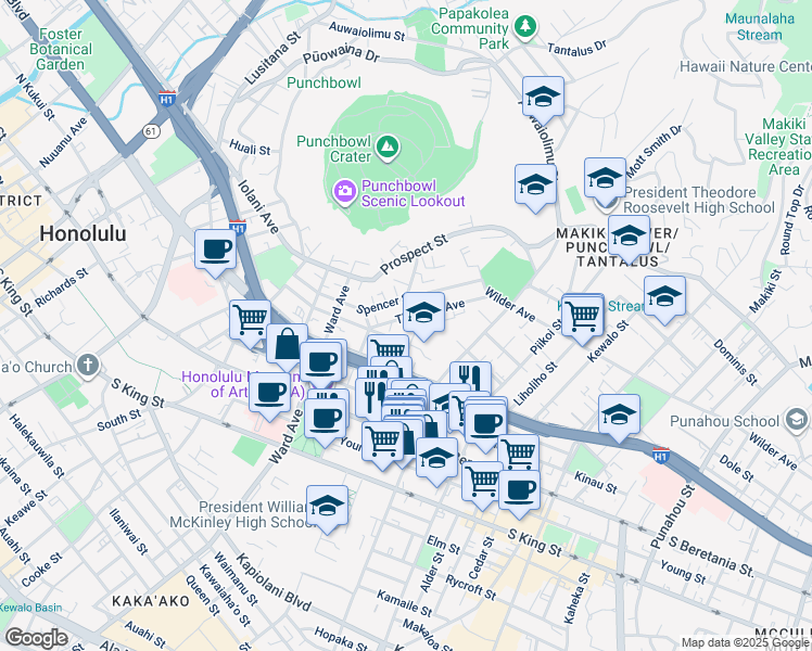 map of restaurants, bars, coffee shops, grocery stores, and more near 1058 Green Street in Honolulu