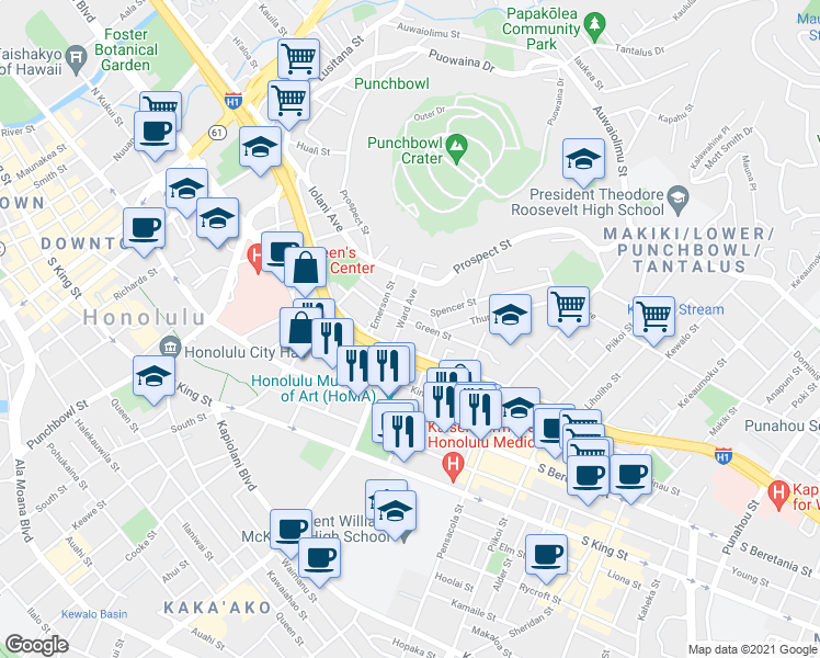 map of restaurants, bars, coffee shops, grocery stores, and more near 914 Lunalilo Street in Honolulu