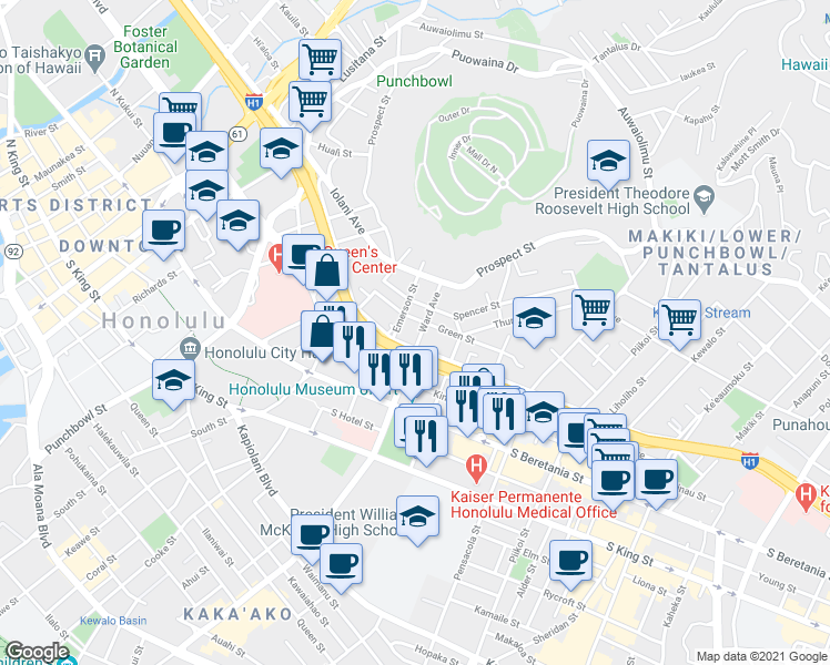 map of restaurants, bars, coffee shops, grocery stores, and more near 914 Lunalilo Street in Honolulu