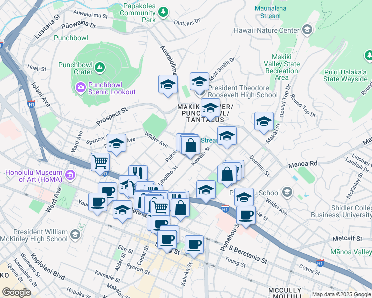 map of restaurants, bars, coffee shops, grocery stores, and more near 1223 Wilder Avenue in Honolulu