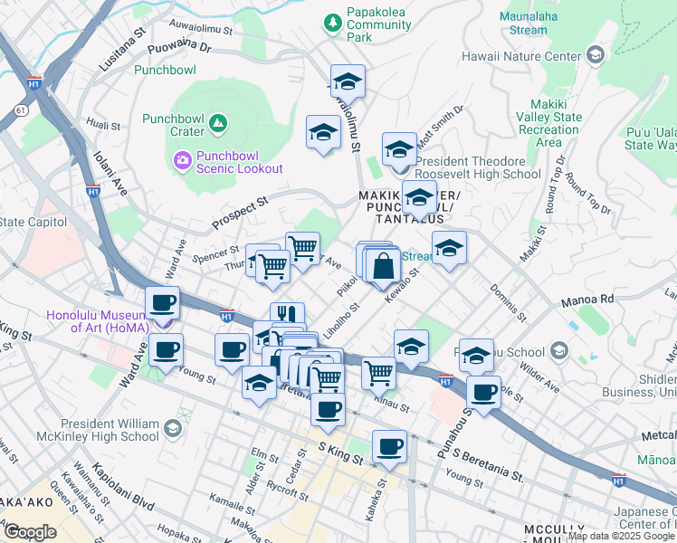 map of restaurants, bars, coffee shops, grocery stores, and more near 1137 Wilder Avenue in Honolulu