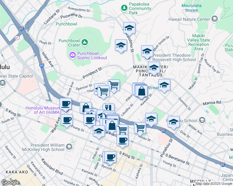 map of restaurants, bars, coffee shops, grocery stores, and more near 1555 Pensacola Street in Honolulu