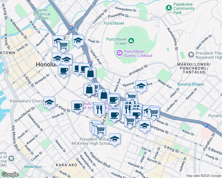 map of restaurants, bars, coffee shops, grocery stores, and more near 1413 Emerson Street in Honolulu