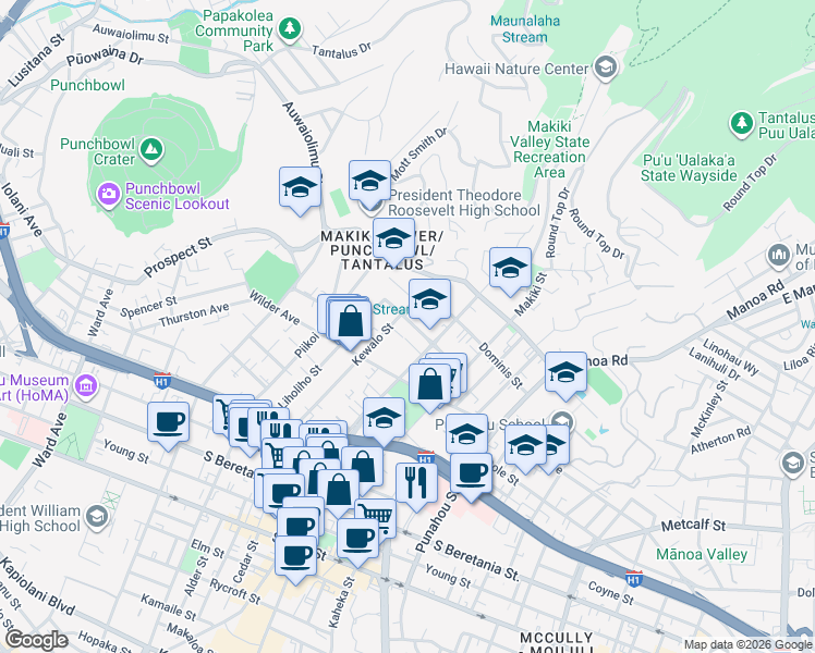 map of restaurants, bars, coffee shops, grocery stores, and more near 1327 Moku Place in Honolulu