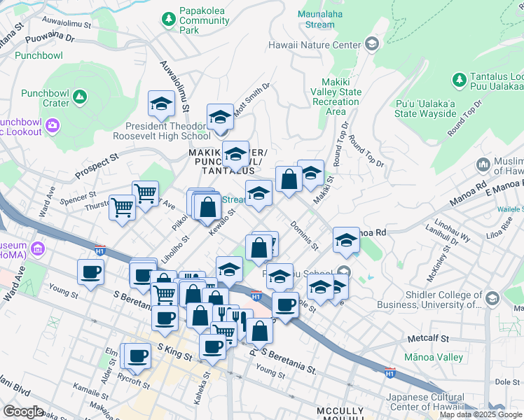 map of restaurants, bars, coffee shops, grocery stores, and more near 1716 Keeaumoku Street in Honolulu