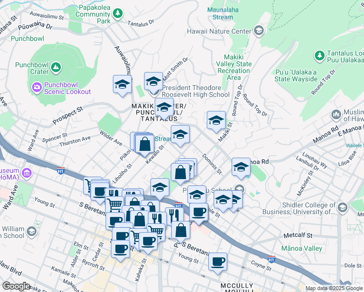 map of restaurants, bars, coffee shops, grocery stores, and more near 1707 Ke’eaumoku Street in Honolulu
