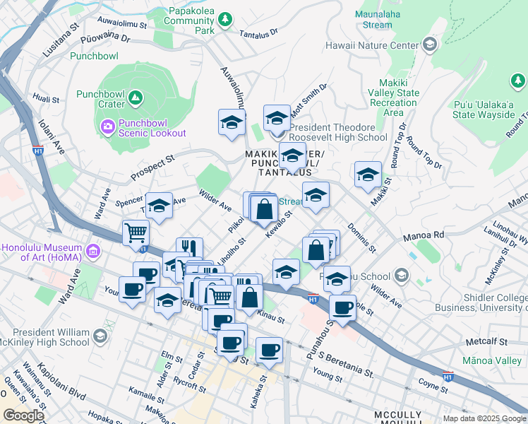 map of restaurants, bars, coffee shops, grocery stores, and more near 1223 Wilder Avenue in Honolulu