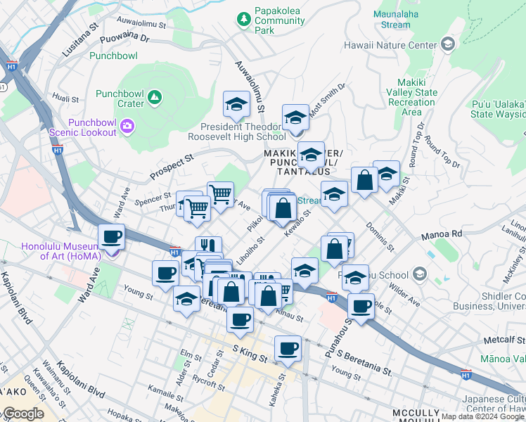 map of restaurants, bars, coffee shops, grocery stores, and more near 1223 Wilder Avenue in Honolulu