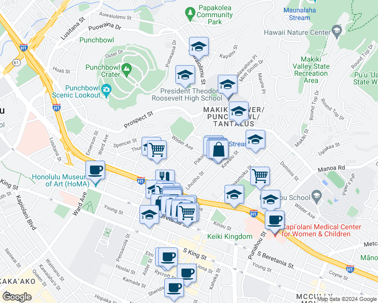 map of restaurants, bars, coffee shops, grocery stores, and more near 1150 Piikoi Place in Honolulu
