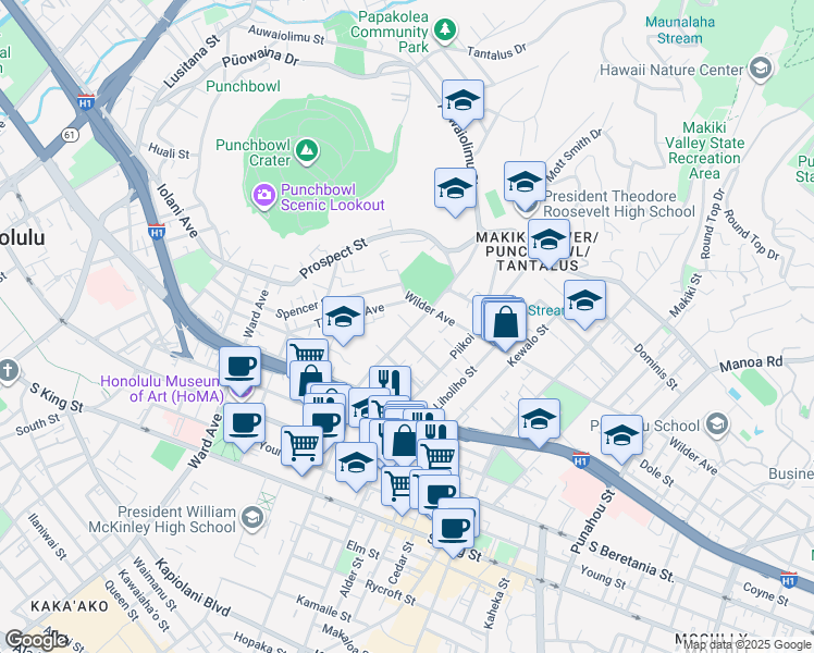 map of restaurants, bars, coffee shops, grocery stores, and more near 1546 Pensacola Street in Honolulu