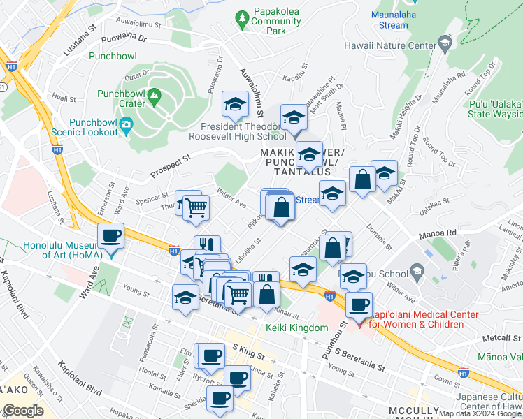 map of restaurants, bars, coffee shops, grocery stores, and more near 1223 Wilder Avenue in Honolulu