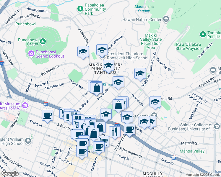 map of restaurants, bars, coffee shops, grocery stores, and more near 1327 Moku Place in Honolulu
