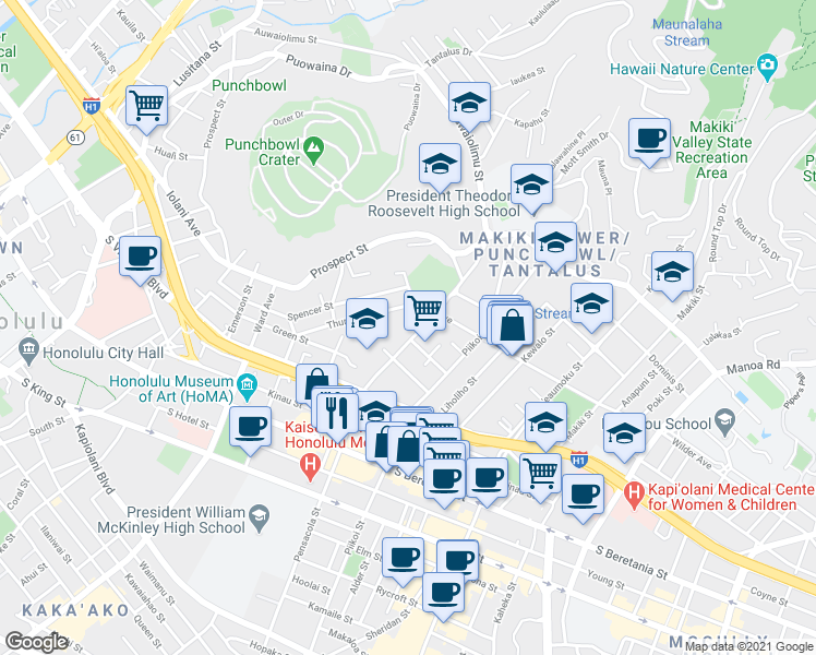 map of restaurants, bars, coffee shops, grocery stores, and more near 1535 Pensacola Street in Honolulu