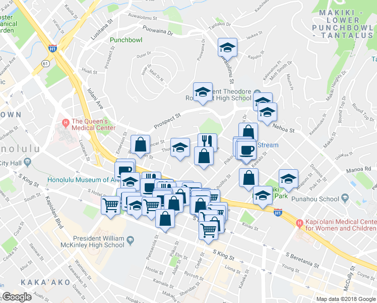 map of restaurants, bars, coffee shops, grocery stores, and more near 1508 Pensacola Street in Honolulu
