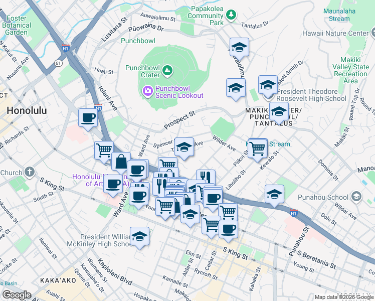 map of restaurants, bars, coffee shops, grocery stores, and more near 1058 Green Street in Honolulu
