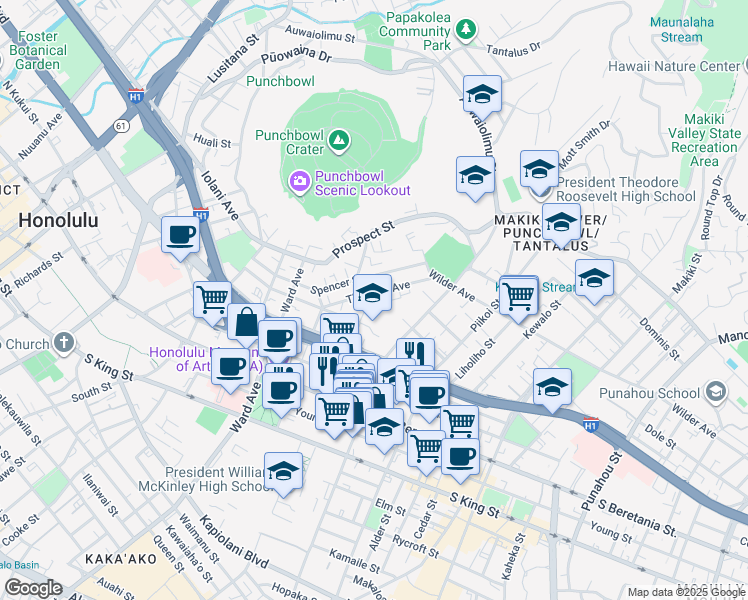 map of restaurants, bars, coffee shops, grocery stores, and more near 1058 Green Street in Honolulu