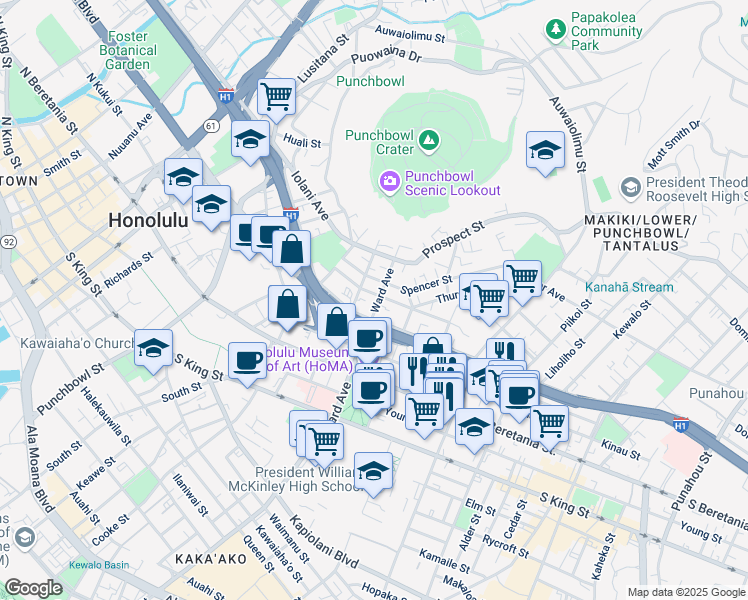 map of restaurants, bars, coffee shops, grocery stores, and more near 1424 Ward Ave in Honolulu